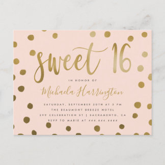Trendy Pink and Gold Confetti Sweet 16 Birthday Invitation Postcard