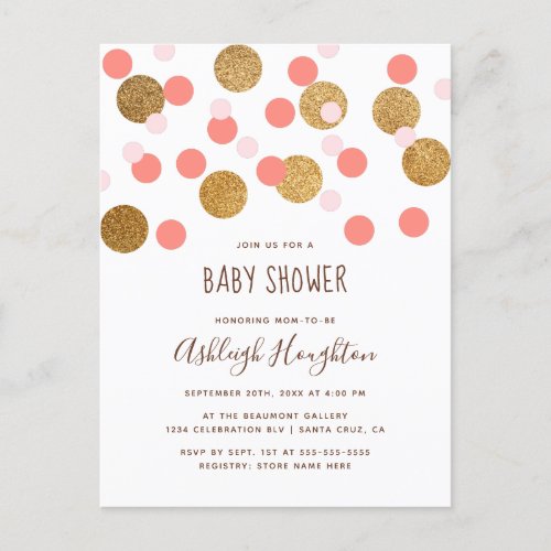 Trendy Pink and Gold Funky Confetti Baby Shower Invitation Postcard