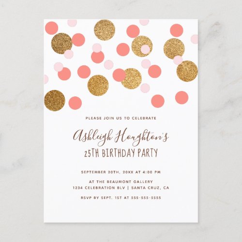 Trendy Pink And Gold Funky Confetti Birthday Invitation Postcard