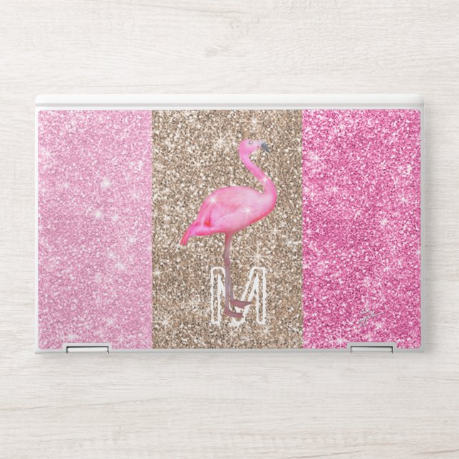 Trendy Pink and Gold Glitter Tropical Flamingo HP Laptop Skin (Front)
