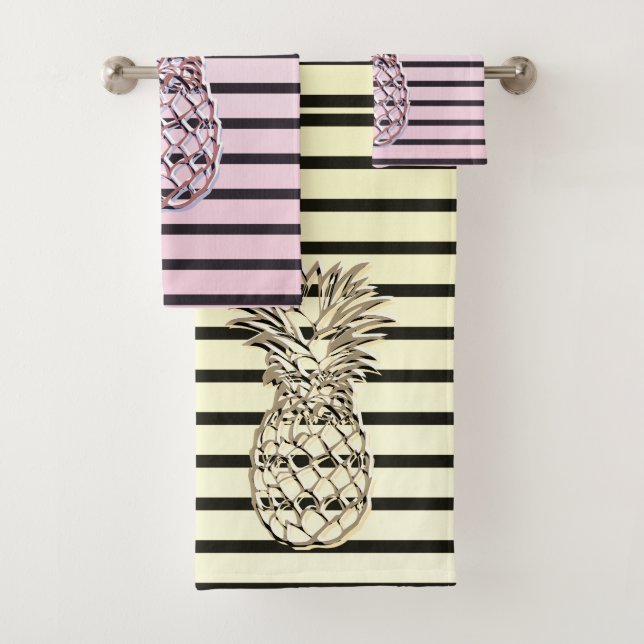 Trendy Pink and Gold Striped Pineapple Bath Towel Set (Insitu)