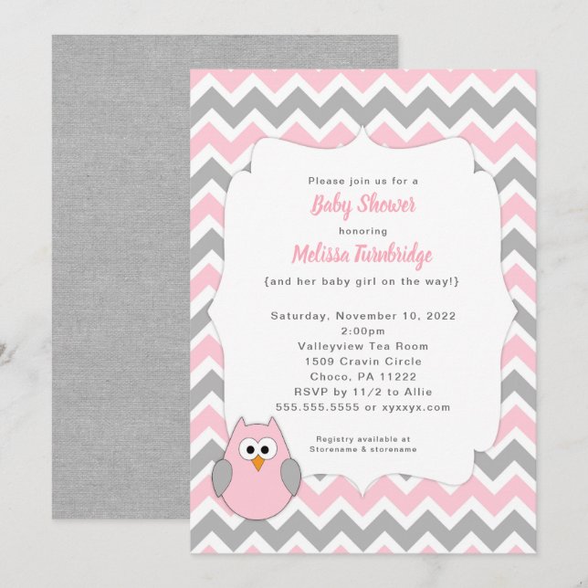 Trendy Pink and Gray Owl Girl Baby Shower Invitation (Front/Back)