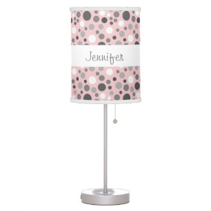 Trendy Pink and Gray Polka Dots Custom Name A02 Table Lamp