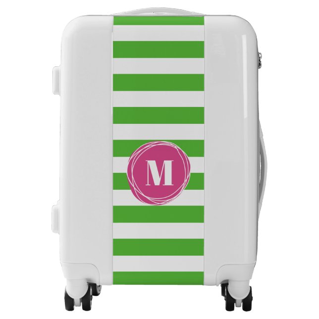 Trendy Pink And Green Stripes Monogram  Luggage (Front)