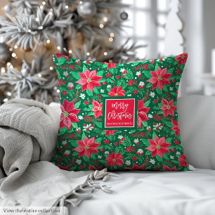 Trendy pink and green watercolor Christmas preppy Throw Pillow