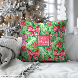Trendy pink and green watercolor preppy festive throw pillow