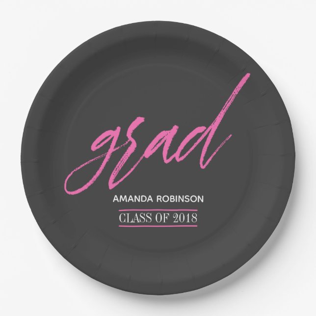 Trendy pink and grey Graduation party Paper Plates (Front)