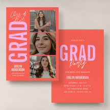 Trendy Pink and Orange 3 Photo Graduation Card