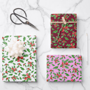 Trendy Pink and Red Christmas Holly Pattern Wrapping Paper Sheets
