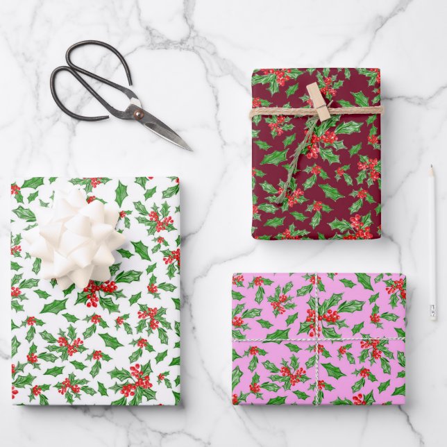 Trendy Pink and Red Christmas Holly Pattern Wrapping Paper Sheets (Front)