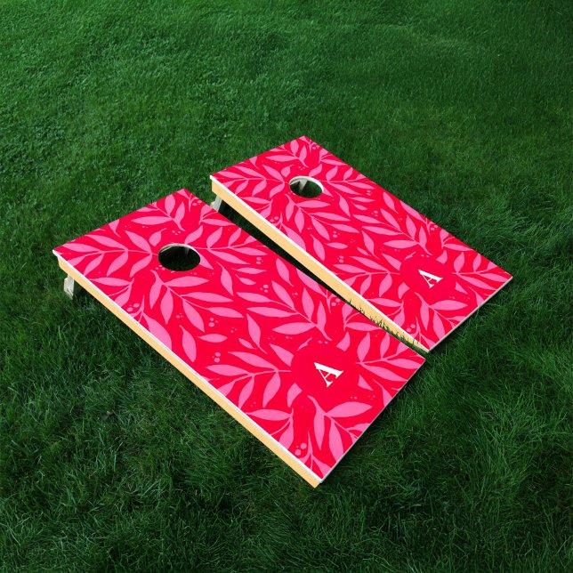 Trendy Pink and red foliage monogram Cornhole Set (Trendy Pink and red foliage monogrammed Cornhole Set
)