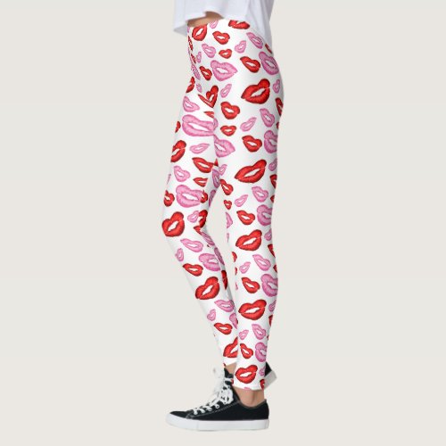 Trendy pink and red lipstick prints leggings