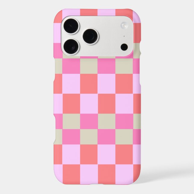 Trendy Pink and Sand Beige Retro Checkerboard iPhone Case (Back)