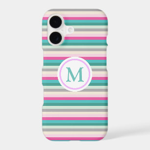 Trendy Pink and Teal Striped Monogram iPhone 17 Case