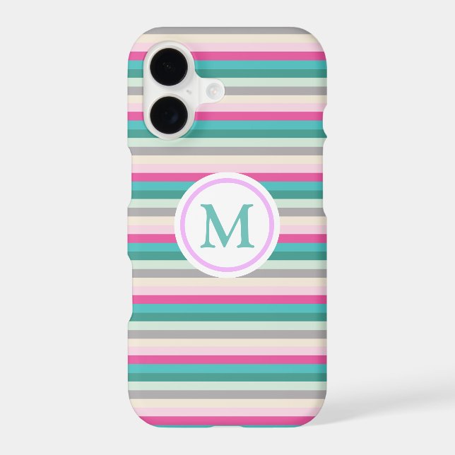Trendy Pink and Teal Striped Monogram Case-Mate iPhone Case (Back)
