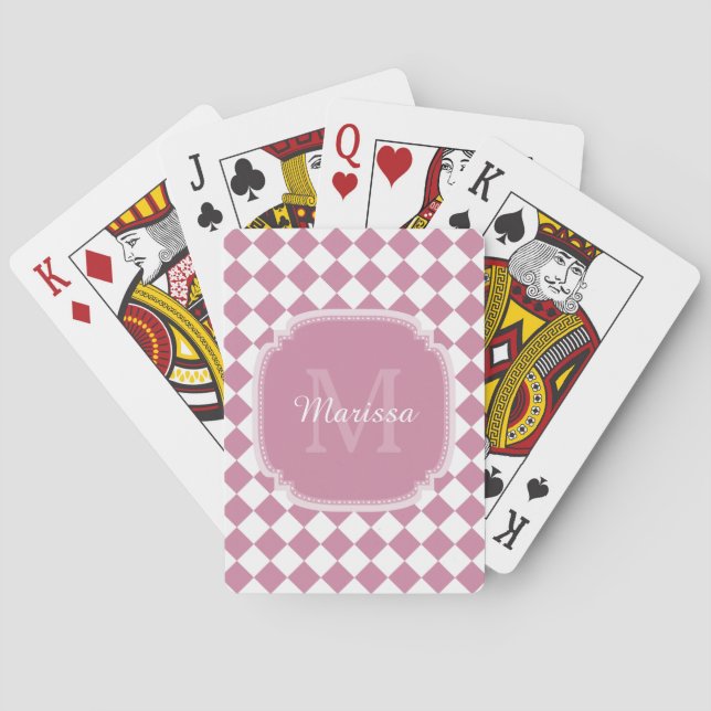 Trendy Pink and White Checked Monogrammed Name Poker Cards (Back)