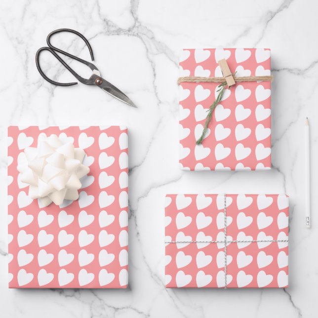 Trendy Pink and White Heart Pattern Gradient Wrapping Paper Sheets (Front)