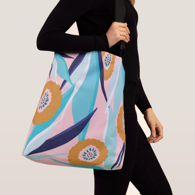 Trendy Pink & Aqua Tropical Palm Leafs & Florals Crossbody Bag (Close Up)