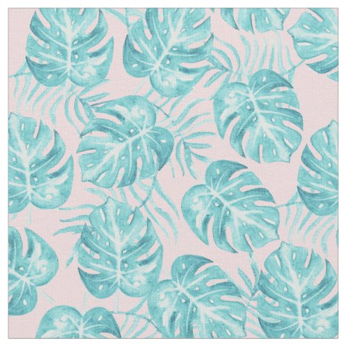 Trendy pink aqua watercolor tropical monster leave fabric