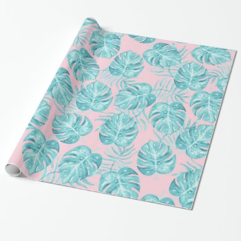 Trendy Pink Aqua Watercolor Tropical Monster Leave Wrapping Paper by pink_water at Zazzle