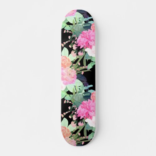 Trendy Pink  Black Flowers Watercolor Design Skateboard