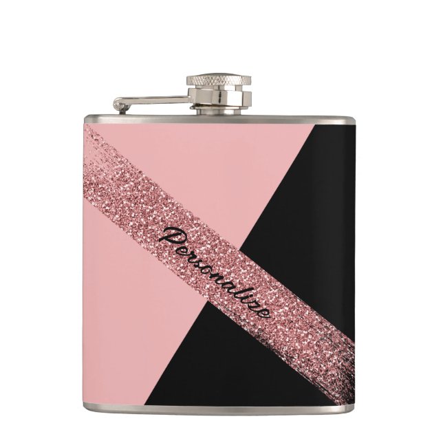 Trendy Pink Black Glitter Personalized Chic Glam Flask (Front)