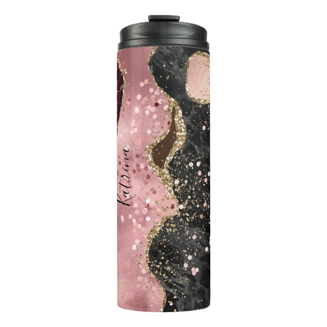 Trendy Pink & Black Gold Glitter Agate  Thermal Tumbler (Front)