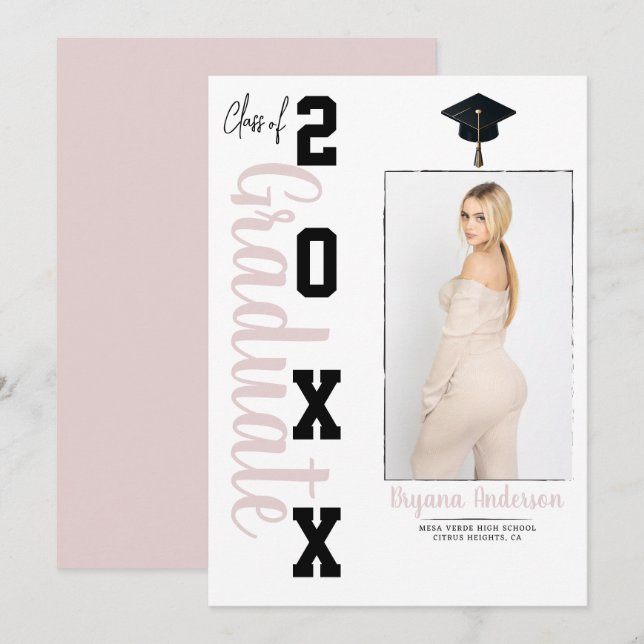 Trendy Pink Black Graduation Photo Announcement   (Front/Back)