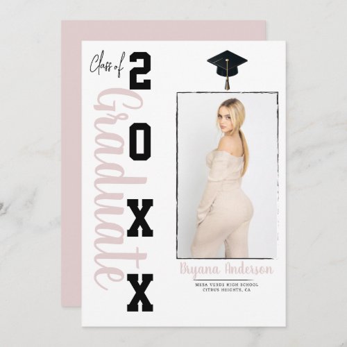 Trendy Pink Black Graduation Photo Announcement  