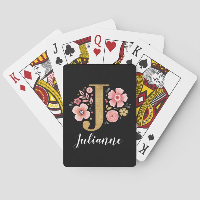 Trendy Pink Black Monogram Letter J Poker Cards (Back)