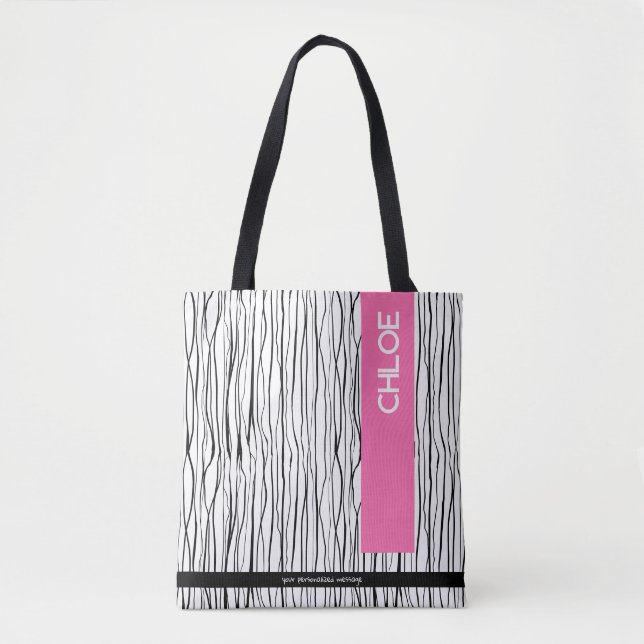 Trendy Pink & Black Personalized  Tote Bag (Front)