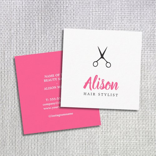 Trendy Pink Black Scissors Hair Stylist Square Business Card
