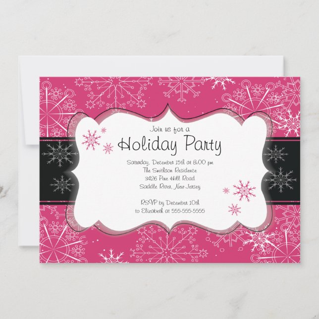 Trendy Pink & Black Snowflakes Holiday Party Invitation (Front)