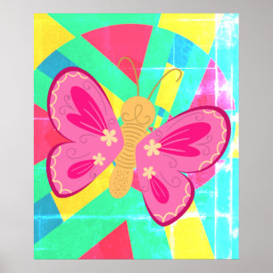 Trendy pink, blue and orange abstract butterfly poster