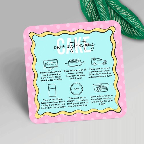 Trendy Pink Blue Cartoon Cake Care Instructions Square Business Card