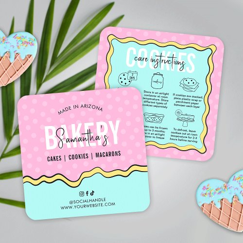 Trendy Pink Blue Cartoon Cookies Care Instructions Square Business Card