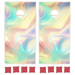 Trendy Pink Blue yellow abstract waves Cornhole Set