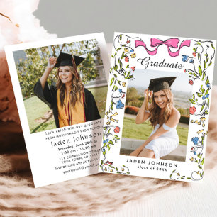 Trendy Pink Bow Coquette 2 PHOTO Graduation Party Invitation