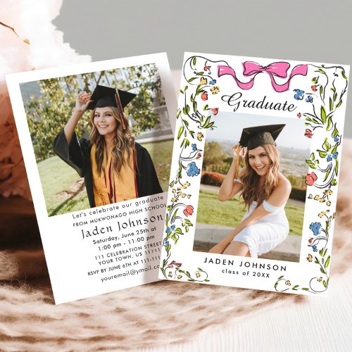 Trendy Pink Bow Coquette 2 PHOTO Graduation Party
