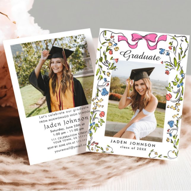 Trendy Pink Bow Coquette 2 PHOTO Graduation Party Invitation (Creator Uploaded)