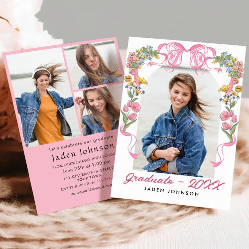 Trendy Pink Bow Coquette 4 PHOTO Graduation Party