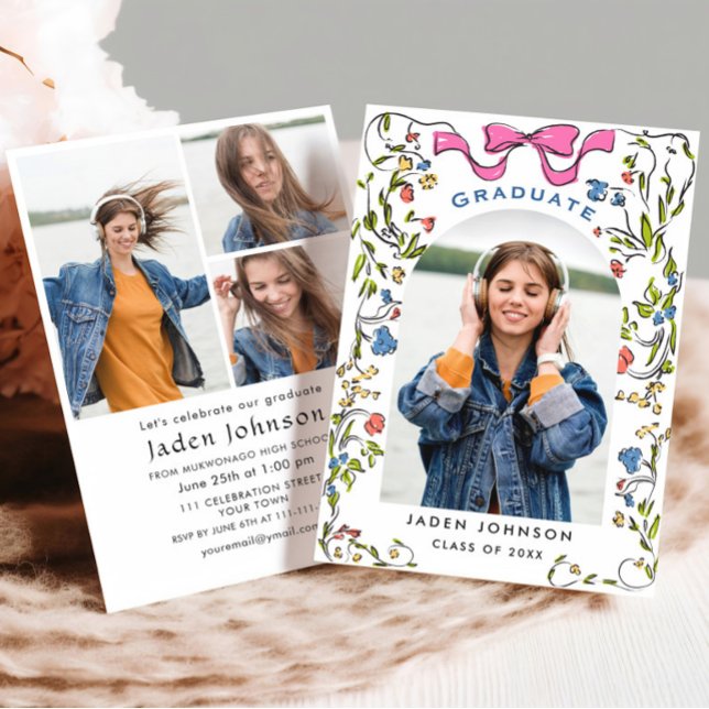 Trendy Pink Bow Coquette 4 PHOTO Graduation Party Invitation (Creator Uploaded)