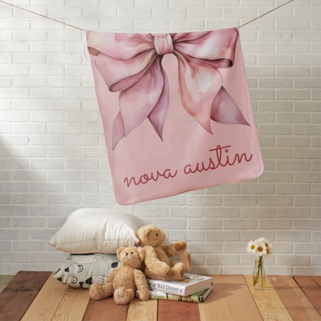 Trendy Pink Bow Personalized With Name Monogram Baby Blanket (In Situ)