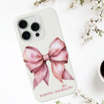 Trendy Pink Bow Personalized With Name Monogram iPhone 15 Pro Case<br><div class="desc">Elevate your style with the Trendy Pink Bow Personalized With Name Monogram iPhone Case, the perfect blend of elegance and personalization. This custom phone case features a delicate watercolor bow in a soft pink hue, capturing a vintage girly aesthetic that is both trendy and timeless. The personalized name monogram adds...</div>