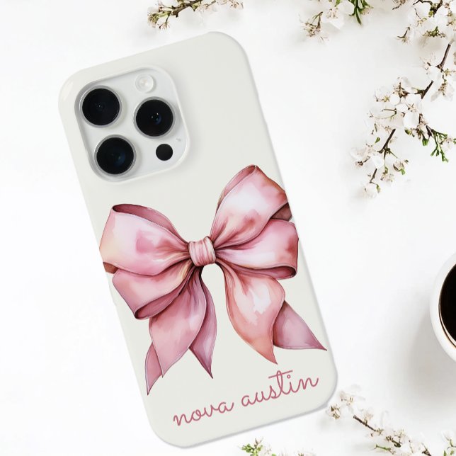 Trendy Pink Bow Personalized With Name Monogram Case-Mate iPhone Case (Creator Uploaded)
