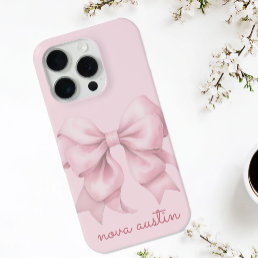 Trendy Pink Bow Personalized With Name Monogram iPhone 15 Pro Case