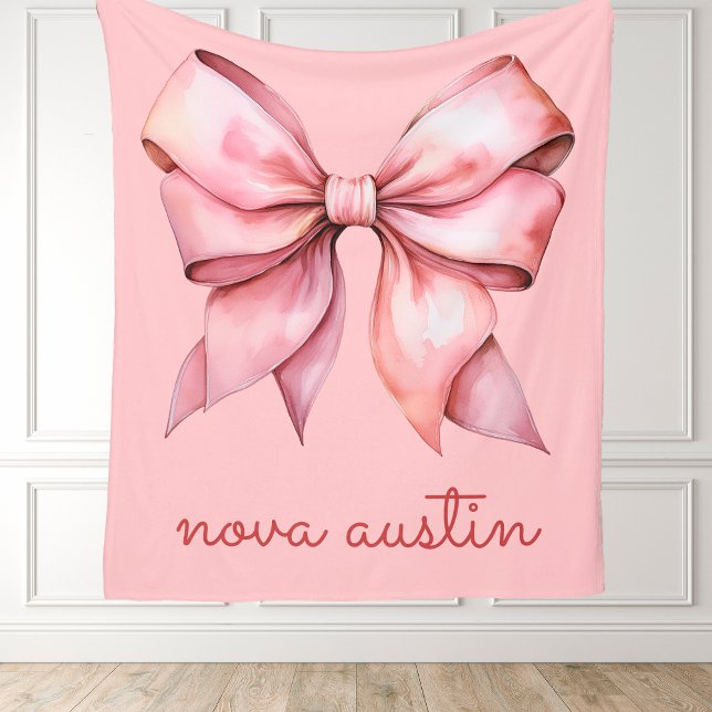 Trendy Pink Bow Personalized With Name Monogram Fleece Blanket (Creator Uploaded)