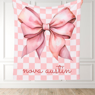 Trendy Pink Bow Personalized With Name Monogram Fleece Blanket