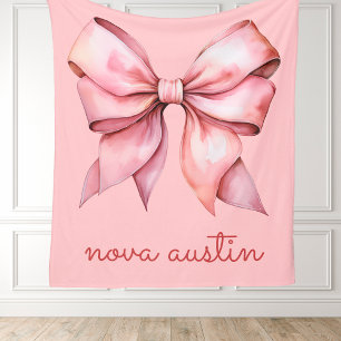 Trendy Pink Bow Personalized With Name Monogram Fleece Blanket