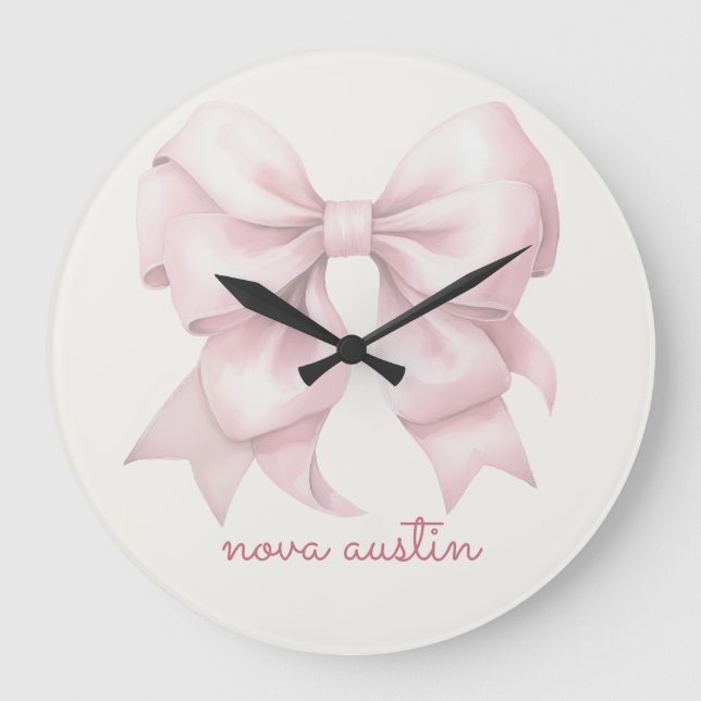 Trendy Pink Bow Personalized With Name Monogram Large Clock (Front)